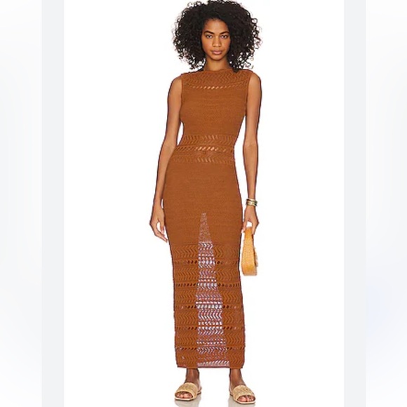 NWT L'Academie Yelina Open Stitch Midi Dress in Rust | REVOLVE Small - Picture 1 of 15